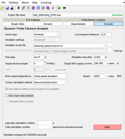 Dynamic FE Analysis tab settings