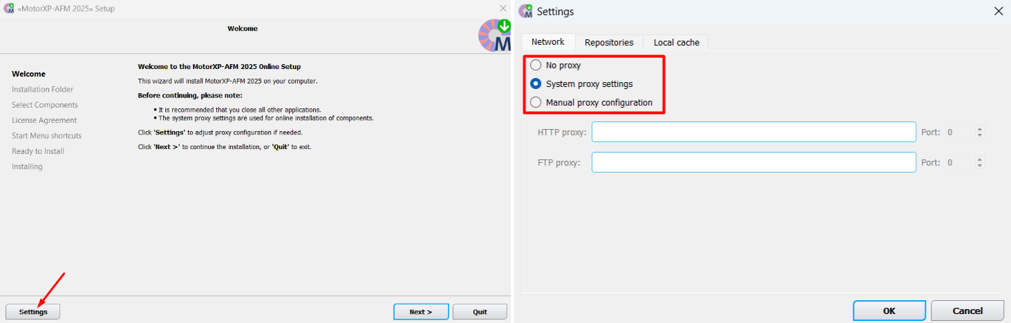 Installer interface with proxy settings