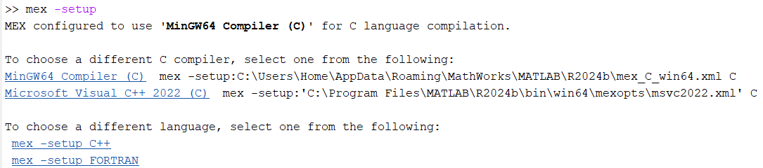 Example output of the mex -setup command