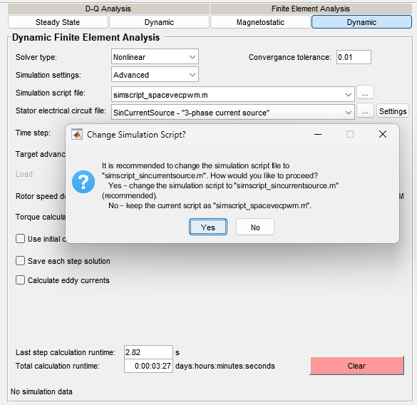 Confirmation dialog for changing the Dynamic FEA simulation script