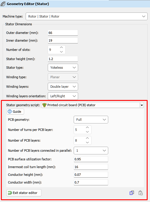 Full PCB winding model settings in Geometry Editor
