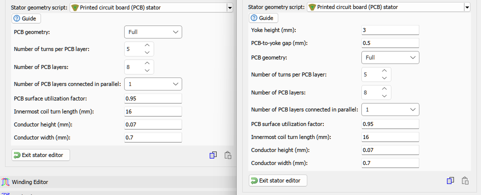 PCB stator geometry parameters in Geometry Editor
