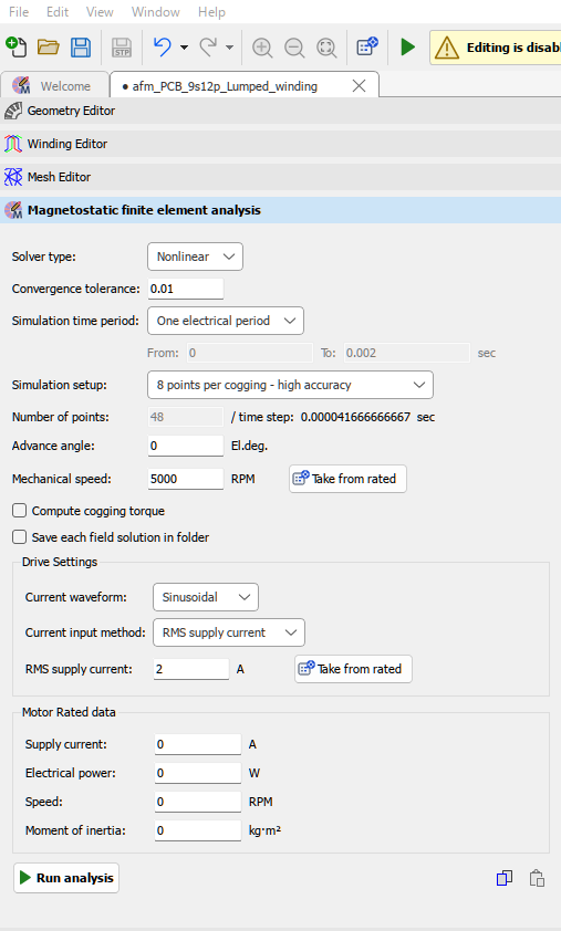 Magnetostatic FEA settings for the PCB stator in Design Studio