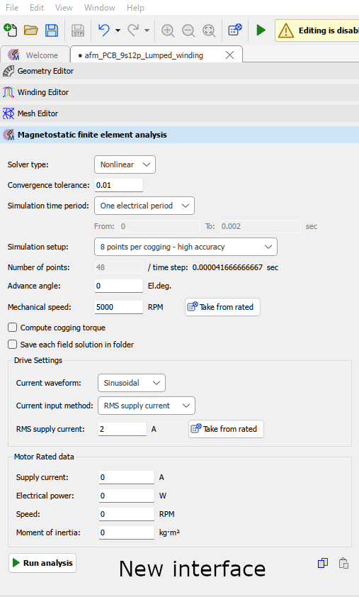 Magnetostatic FEA settings for the PCB stator in Design Studio