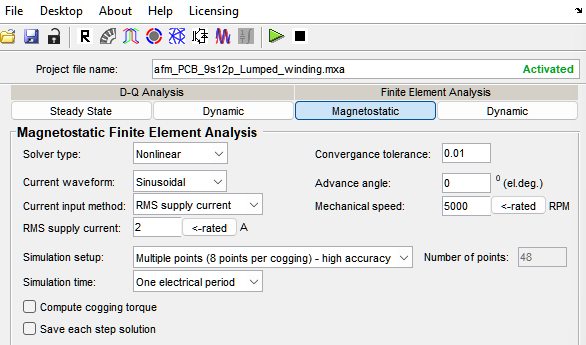 Magnetostatic FEA settings for the PCB stator in MotorXP