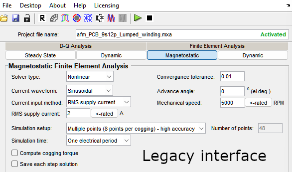 Magnetostatic FEA settings for the PCB stator in MotorXP