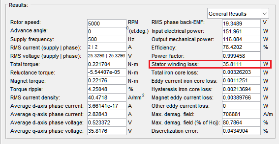 PCB stator winding loss in MotorXP Magnetostatic FEA results